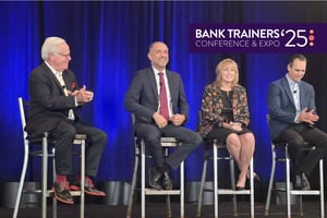 Jim Marous and three other individuals seated on high chairs on a stage with a dark blue curtain backdrop. A purple banner in the top right reads: “Bank Trainers Conference & Expo ’25.