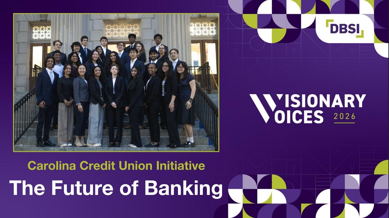 Visionary Voices 2026 slide titled “Carolina Credit Union Initiative: The Future of Banking,” featuring a group photo of professionally dressed participants standing on the steps of a civic building, with DBSI branding and geometric design elements on a purple background.
