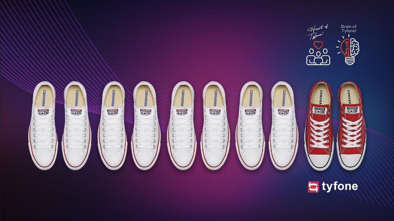Illustration showing a row of Converse sneakers on a purple‑to‑blue gradient background, transitioning from white shoes to a red pair at the end, symbolizing differentiation. Icons representing human connection and innovation appear above, with Tyfone branding in the corner.